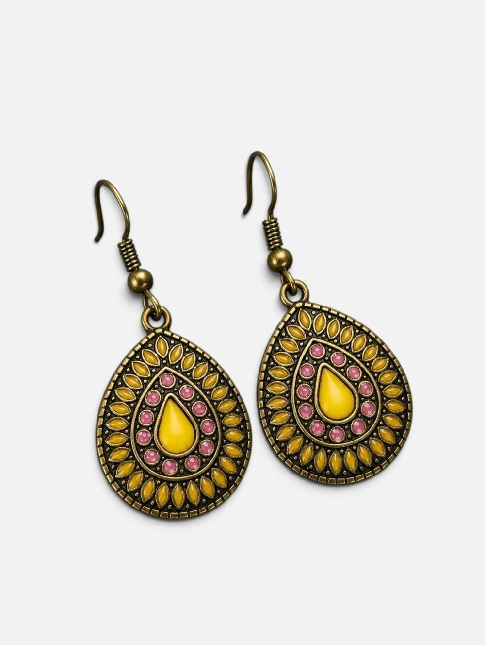 Vintage Bronze Teardrop Boho Earrings Enamel Jewelry - Yellow